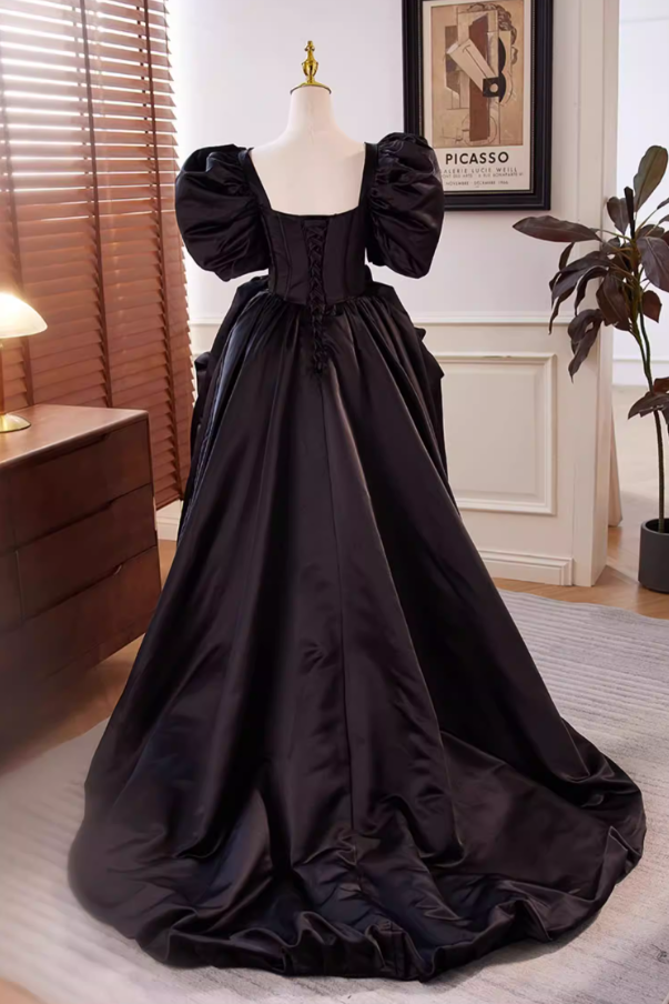 Gothic-Style A-Line Black Satin Square Neck Birthday Dress Pearls Handmade Flowers Puff Short Sleeve Homecoming Dress AP5606