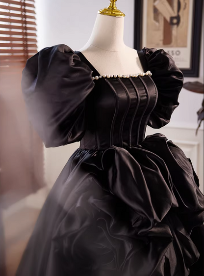 Gothic-Style A-Line Black Satin Square Neck Birthday Dress Pearls Handmade Flowers Puff Short Sleeve Homecoming Dress AP5606