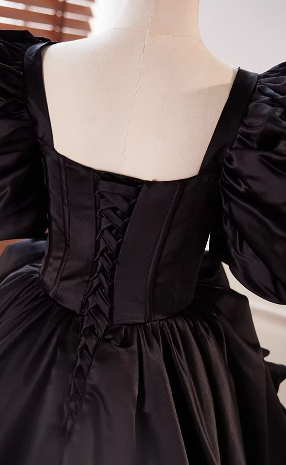 Gothic-Style A-Line Black Satin Square Neck Birthday Dress Pearls Handmade Flowers Puff Short Sleeve Homecoming Dress AP5606