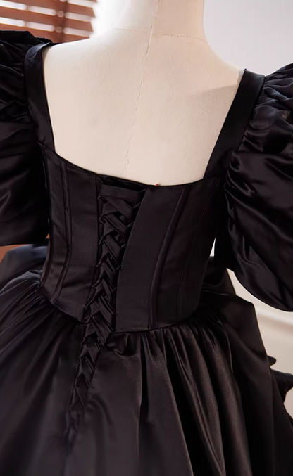 Gothic-Style A-Line Black Satin Square Neck Birthday Dress Pearls Handmade Flowers Puff Short Sleeve Homecoming Dress AP5606
