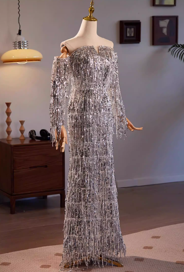 Sweet Long Sleeve Off-Shoulder Evening Mermaid Dress Tassel Sequins Prom Dress AP5607