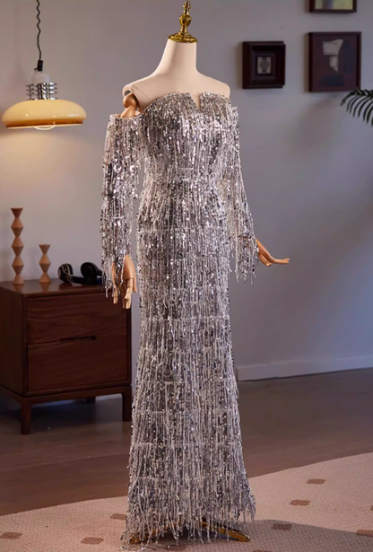 Sweet Long Sleeve Off-Shoulder Evening Mermaid Dress Tassel Sequins Prom Dress AP5607
