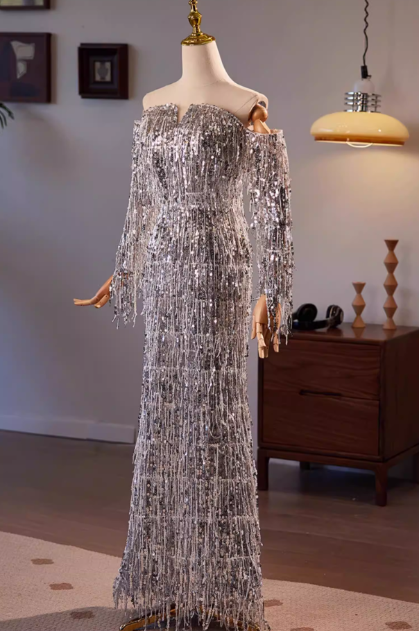 Sweet Long Sleeve Off-Shoulder Evening Mermaid Dress Tassel Sequins Prom Dress AP5607