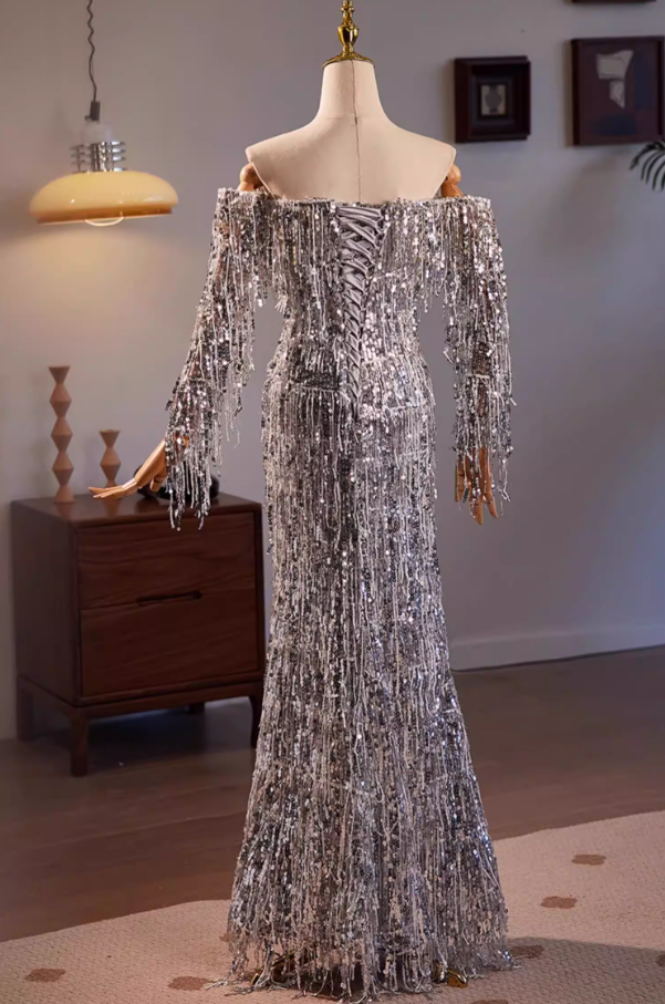 Sweet Long Sleeve Off-Shoulder Evening Mermaid Dress Tassel Sequins Prom Dress AP5607