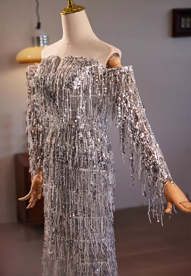 Sweet Long Sleeve Off-Shoulder Evening Mermaid Dress Tassel Sequins Prom Dress AP5607