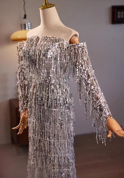 Sweet Long Sleeve Off-Shoulder Evening Mermaid Dress Tassel Sequins Prom Dress AP5607