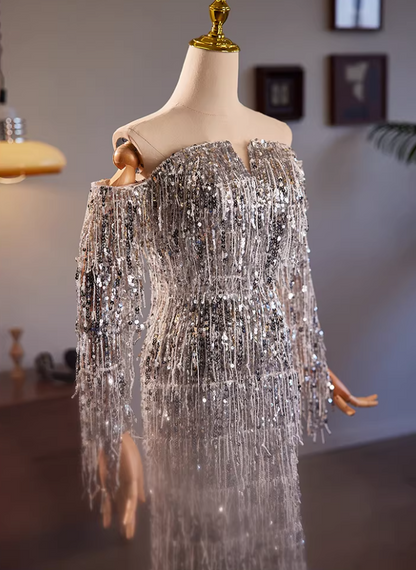 Sweet Long Sleeve Off-Shoulder Evening Mermaid Dress Tassel Sequins Prom Dress AP5607