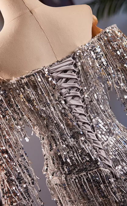 Sweet Long Sleeve Off-Shoulder Evening Mermaid Dress Tassel Sequins Prom Dress AP5607