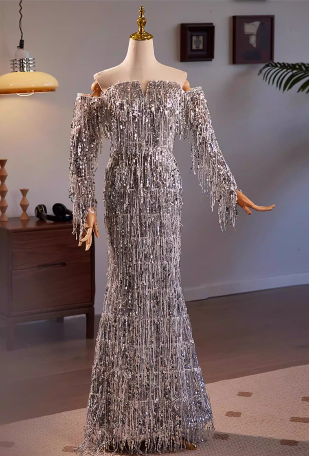 Sweet Long Sleeve Off-Shoulder Evening Mermaid Dress Tassel Sequins Prom Dress AP5607