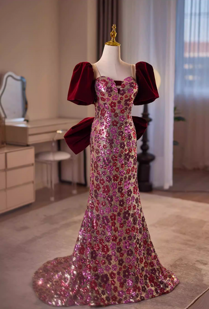 Cute Sweetheart Neck Short Sleeve Mermaid Evening Dresses Bow Floral Sequins Prom Dress AP5608