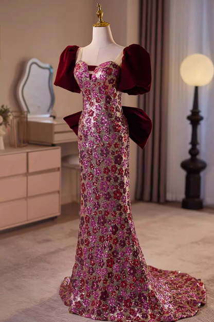 Cute Sweetheart Neck Short Sleeve Mermaid Evening Dresses Bow Floral Sequins Prom Dress AP5608