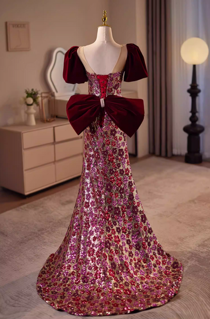 Cute Sweetheart Neck Short Sleeve Mermaid Evening Dresses Bow Floral Sequins Prom Dress AP5608