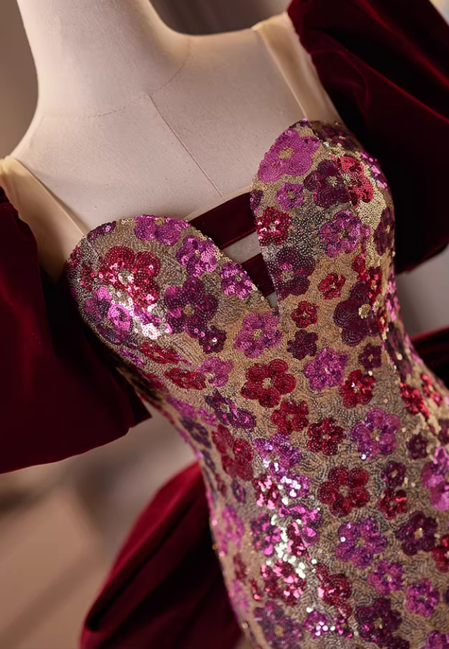 Cute Sweetheart Neck Short Sleeve Mermaid Evening Dresses Bow Floral Sequins Prom Dress AP5608