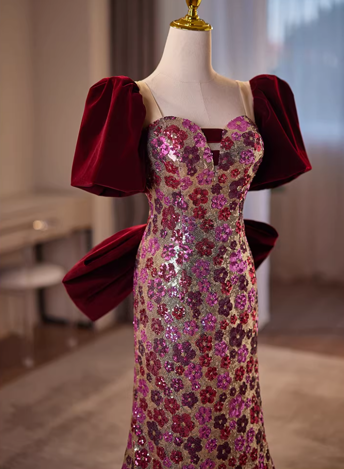 Cute Sweetheart Neck Short Sleeve Mermaid Evening Dresses Bow Floral Sequins Prom Dress AP5608