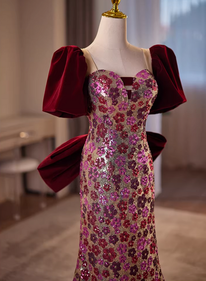 Cute Sweetheart Neck Short Sleeve Mermaid Evening Dresses Bow Floral Sequins Prom Dress AP5608