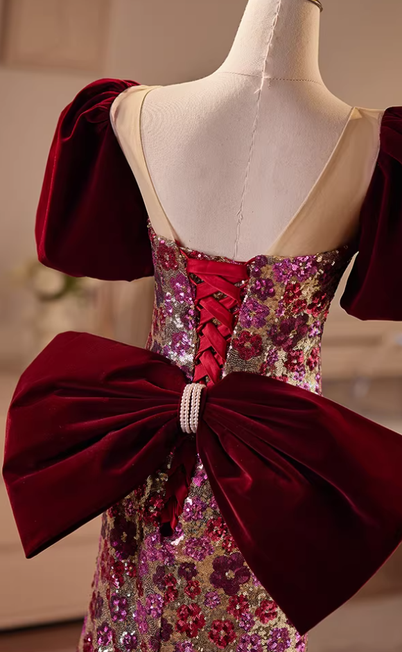 Cute Sweetheart Neck Short Sleeve Mermaid Evening Dresses Bow Floral Sequins Prom Dress AP5608