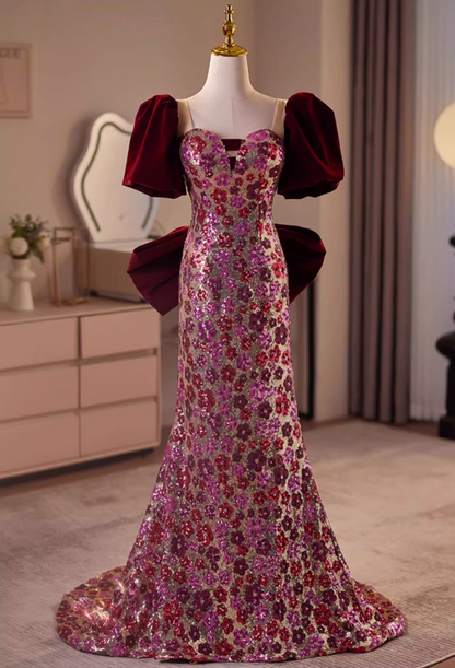 Cute Sweetheart Neck Short Sleeve Mermaid Evening Dresses Bow Floral Sequins Prom Dress AP5608