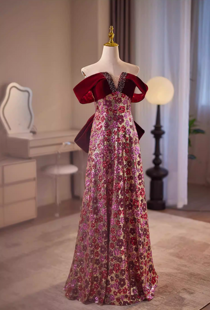 Vintage A-Line Off-Shoulder Sweet 16th Dresses Bow Beading Floral Sequins Prom Dress AP5609
