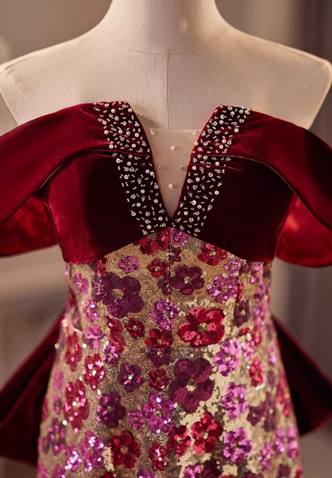 Vintage A-Line Off-Shoulder Sweet 16th Dresses Bow Beading Floral Sequins Prom Dress AP5609