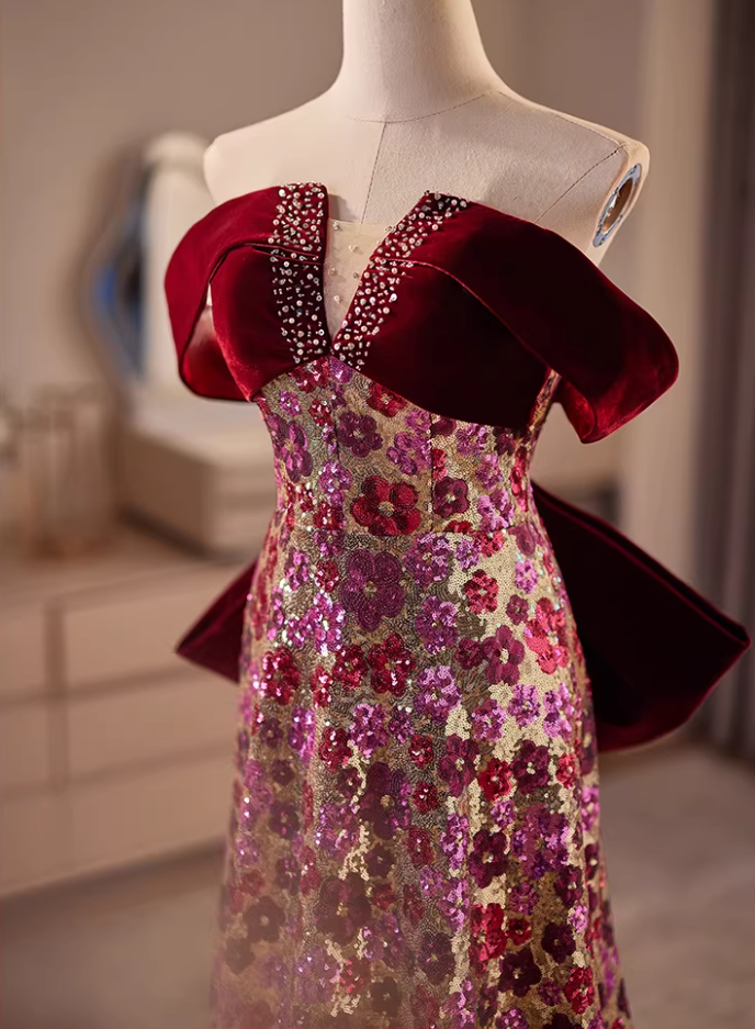 Vintage A-Line Off-Shoulder Sweet 16th Dresses Bow Beading Floral Sequins Prom Dress AP5609