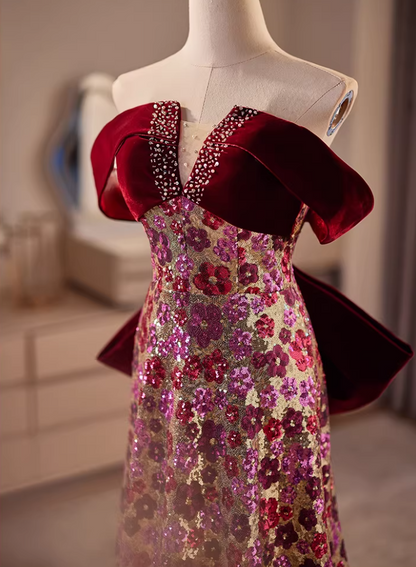Vintage A-Line Off-Shoulder Sweet 16th Dresses Bow Beading Floral Sequins Prom Dress AP5609