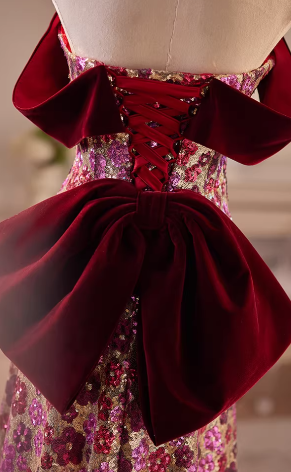Vintage A-Line Off-Shoulder Sweet 16th Dresses Bow Beading Floral Sequins Prom Dress AP5609