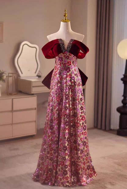 Vintage A-Line Off-Shoulder Sweet 16th Dresses Bow Beading Floral Sequins Prom Dress AP5609