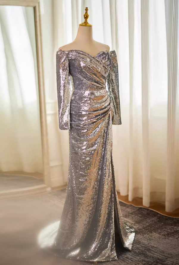 Artistic Long Sleeve Off-Shoulder Gathered Evening Mermaid Dress Silver Sequins High-Slit Prom Dress AP5610
