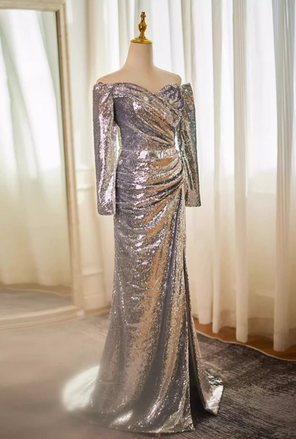 Artistic Long Sleeve Off-Shoulder Gathered Evening Mermaid Dress Silver Sequins High-Slit Prom Dress AP5610