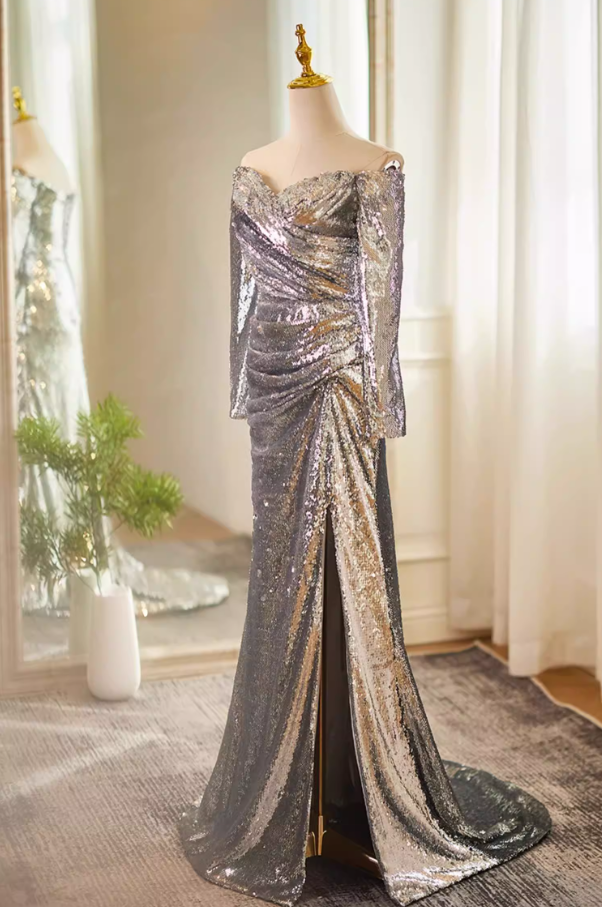 Artistic Long Sleeve Off-Shoulder Gathered Evening Mermaid Dress Silver Sequins High-Slit Prom Dress AP5610