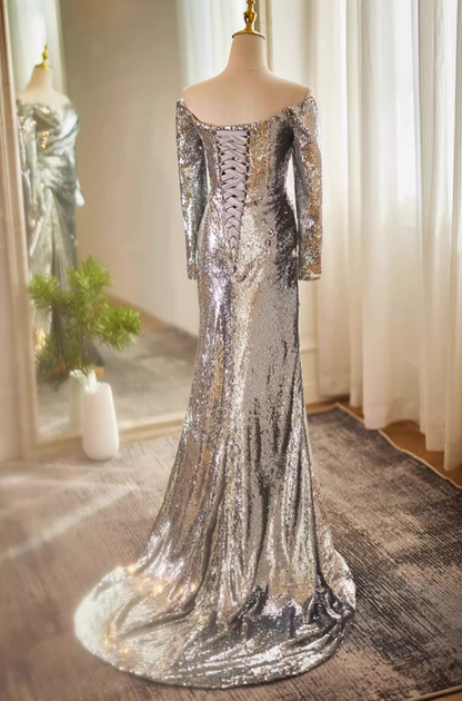 Artistic Long Sleeve Off-Shoulder Gathered Evening Mermaid Dress Silver Sequins High-Slit Prom Dress AP5610