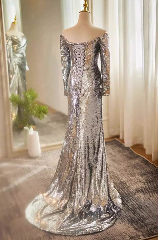 Artistic Long Sleeve Off-Shoulder Gathered Evening Mermaid Dress Silver Sequins High-Slit Prom Dress AP5610