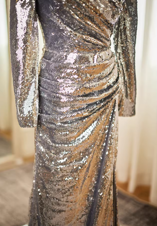 Artistic Long Sleeve Off-Shoulder Gathered Evening Mermaid Dress Silver Sequins High-Slit Prom Dress AP5610