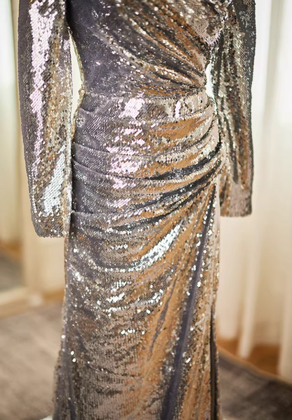 Artistic Long Sleeve Off-Shoulder Gathered Evening Mermaid Dress Silver Sequins High-Slit Prom Dress AP5610