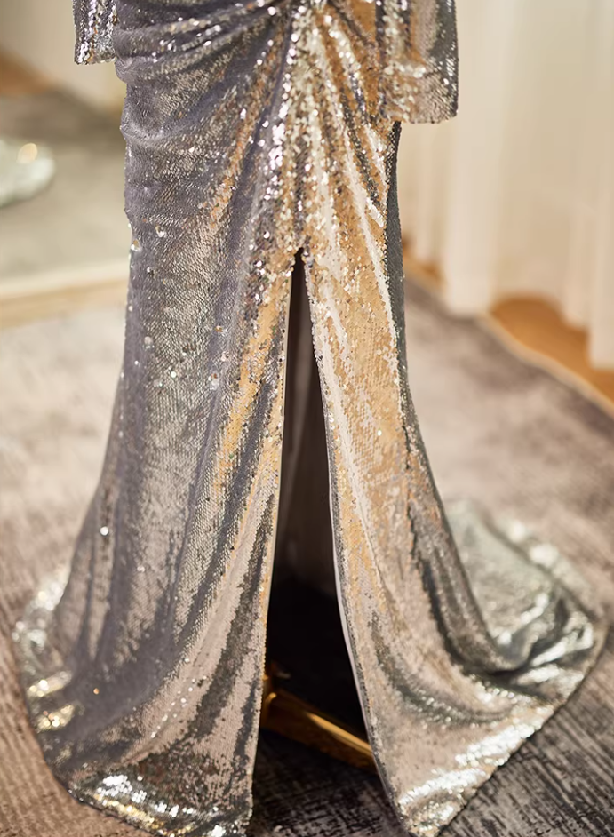 Artistic Long Sleeve Off-Shoulder Gathered Evening Mermaid Dress Silver Sequins High-Slit Prom Dress AP5610
