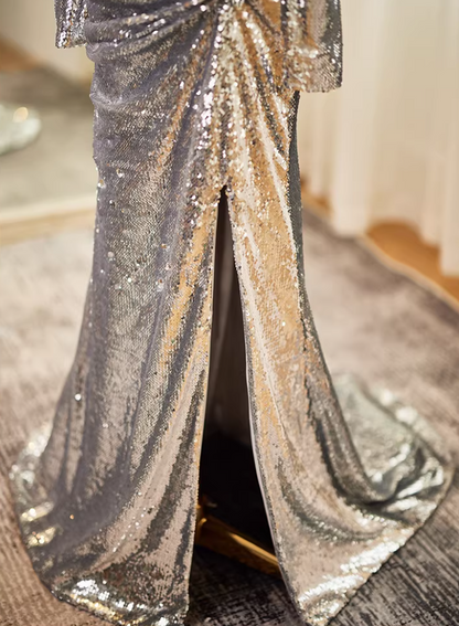 Artistic Long Sleeve Off-Shoulder Gathered Evening Mermaid Dress Silver Sequins High-Slit Prom Dress AP5610