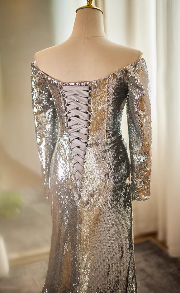 Artistic Long Sleeve Off-Shoulder Gathered Evening Mermaid Dress Silver Sequins High-Slit Prom Dress AP5610