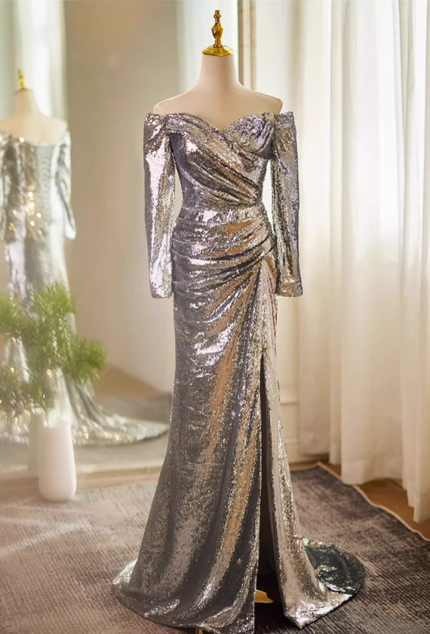 Artistic Long Sleeve Off-Shoulder Gathered Evening Mermaid Dress Silver Sequins High-Slit Prom Dress AP5610