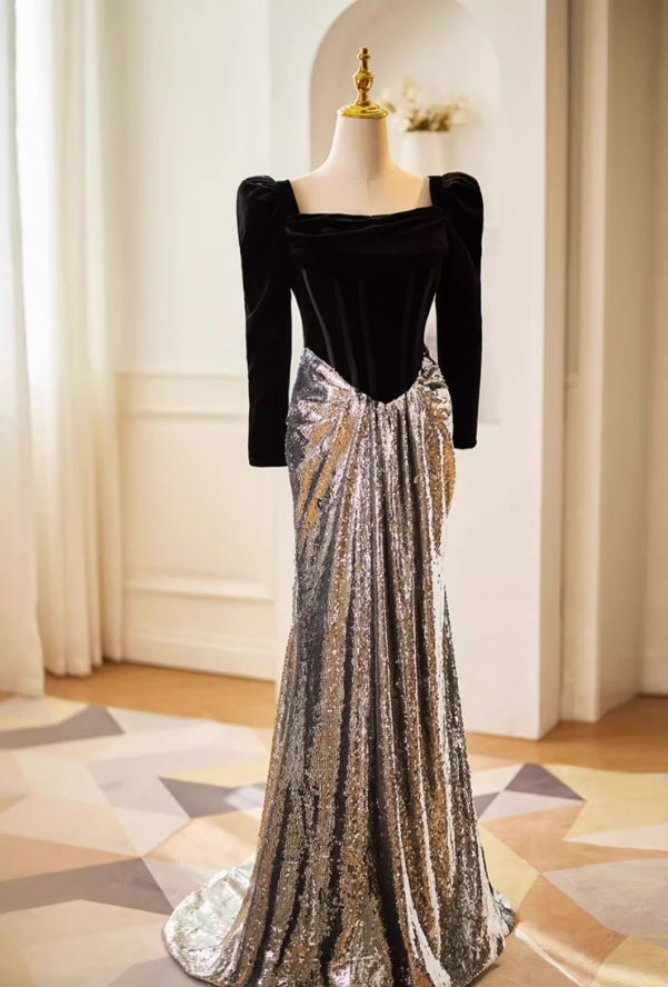 Dreamy Long Sleeve Square Neck Evening Mermaid Dress Black Velvet Silver Sequins Prom Dress AP5611