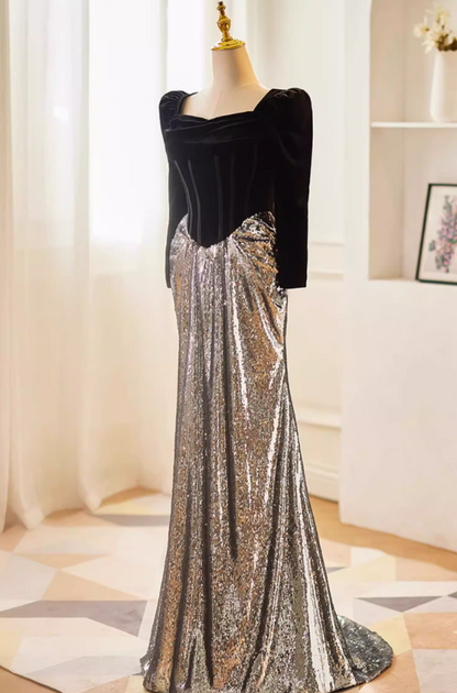 Dreamy Long Sleeve Square Neck Evening Mermaid Dress Black Velvet Silver Sequins Prom Dress AP5611