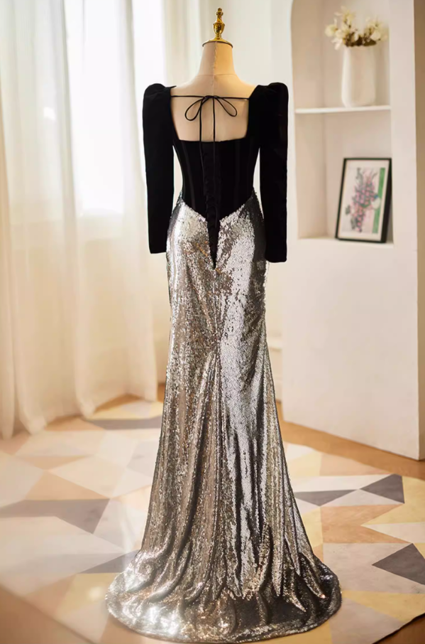 Dreamy Long Sleeve Square Neck Evening Mermaid Dress Black Velvet Silver Sequins Prom Dress AP5611