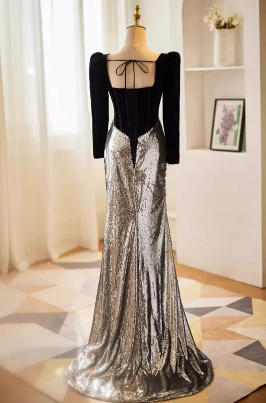 Dreamy Long Sleeve Square Neck Evening Mermaid Dress Black Velvet Silver Sequins Prom Dress AP5611