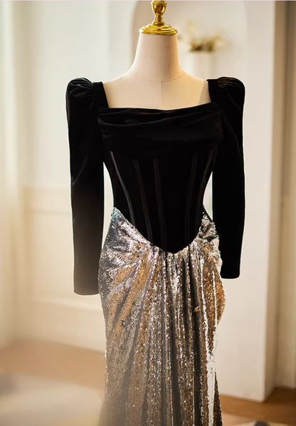 Dreamy Long Sleeve Square Neck Evening Mermaid Dress Black Velvet Silver Sequins Prom Dress AP5611
