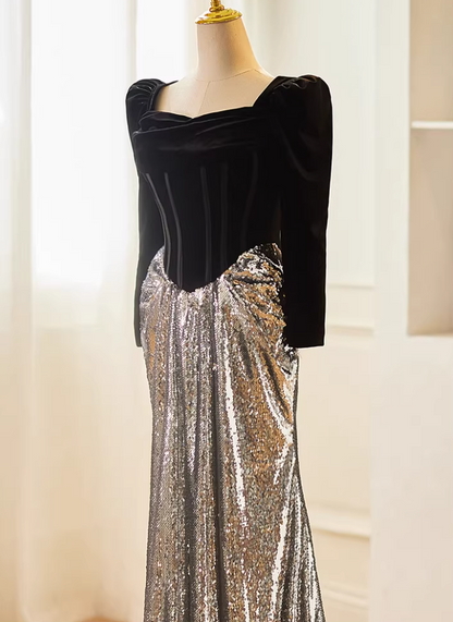 Dreamy Long Sleeve Square Neck Evening Mermaid Dress Black Velvet Silver Sequins Prom Dress AP5611