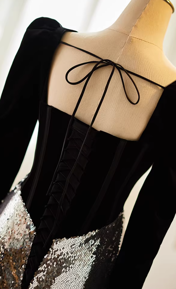 Dreamy Long Sleeve Square Neck Evening Mermaid Dress Black Velvet Silver Sequins Prom Dress AP5611