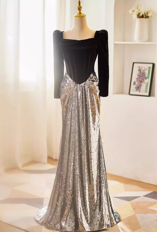 Dreamy Long Sleeve Square Neck Evening Mermaid Dress Black Velvet Silver Sequins Prom Dress AP5611