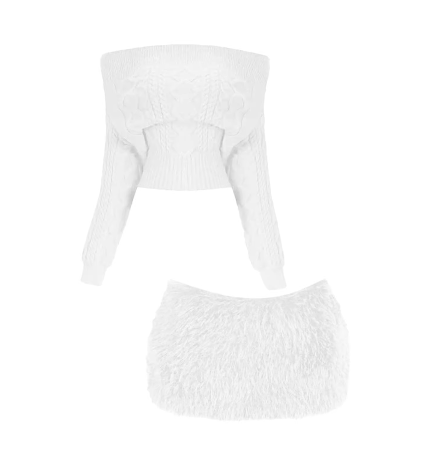 Ethereal Off-Shoulder Sweater Fur Trim Mini Skirt Chic Knit Top 2-Piece Fuzzy Bodycon Short Dress AP5612
