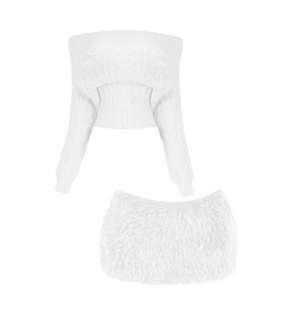 Ethereal Off-Shoulder Sweater Fur Trim Mini Skirt Chic Knit Top 2-Piece Fuzzy Bodycon Short Dress AP5612
