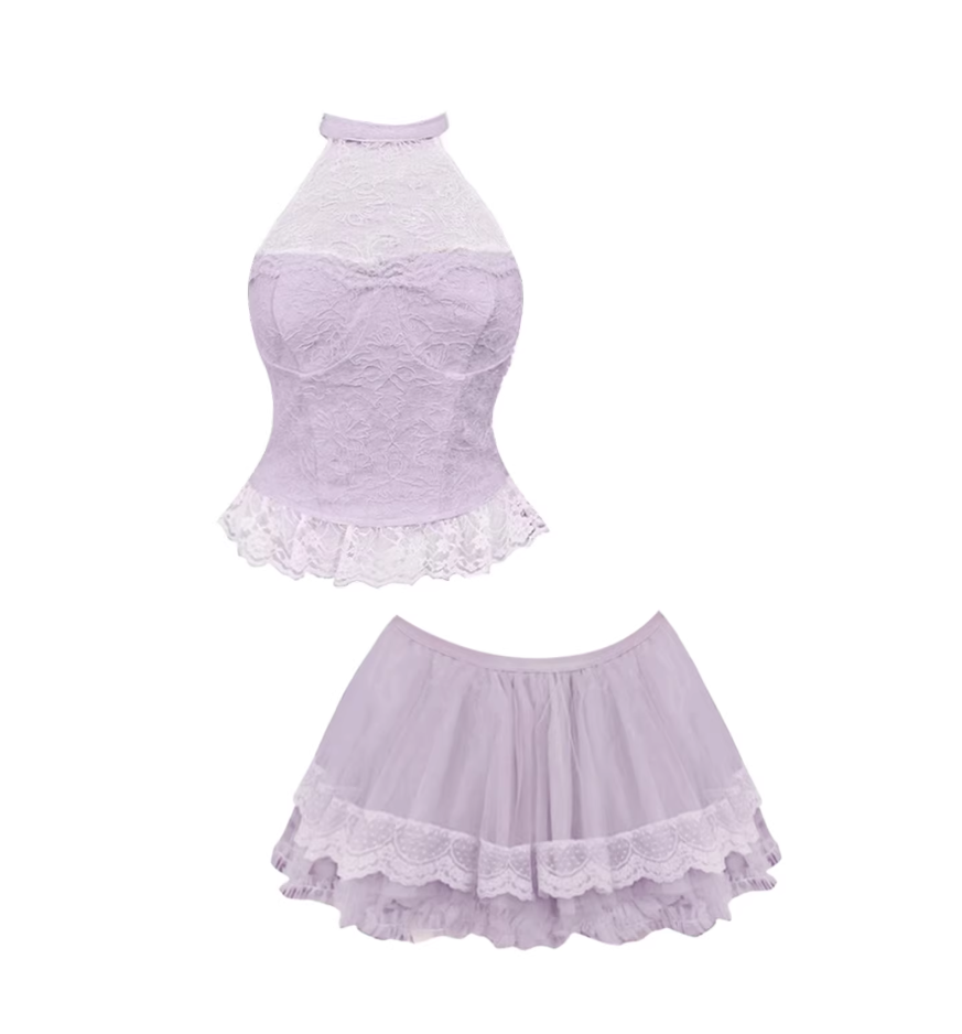Sheen A-Line Fitted Top & Ruffled Mini Skirt Chic Lace Two-Piece Halter Short Dress AP5613