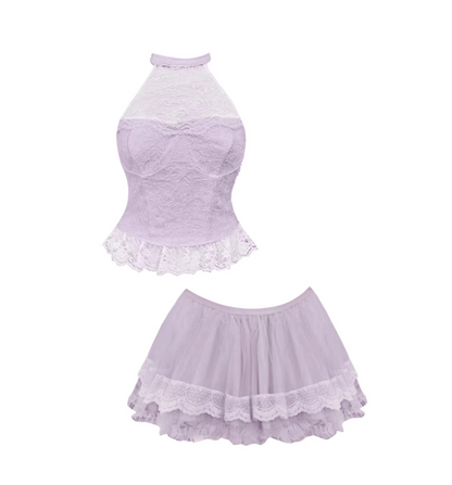 Sheen A-Line Fitted Top & Ruffled Mini Skirt Chic Lace Two-Piece Halter Short Dress AP5613